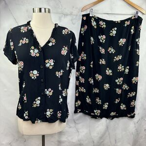 Vintage 90s 2 Piece Blouse Skirt Midi Black floral S L Grunge Whimsigoth Motif